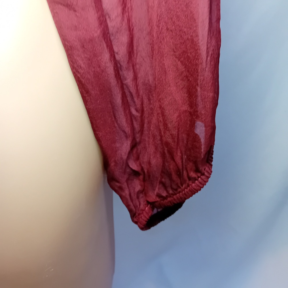 Y2K Femme Silk Blouson Hem Flowy Whimsigoth Burgundy Rose Blouse Sheer Sleeves M - Picture 11 of 16